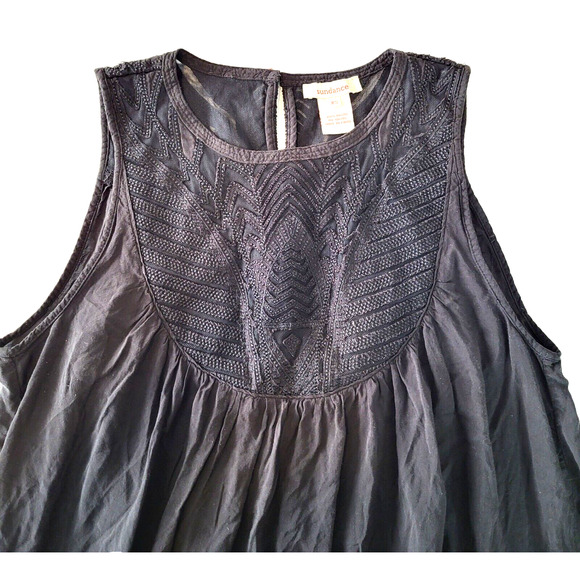 SUNDANCE Semi Sheer Blouse Sleeveless Embroidered Neckline BOHO Black X-Small - Picture 9 of 11